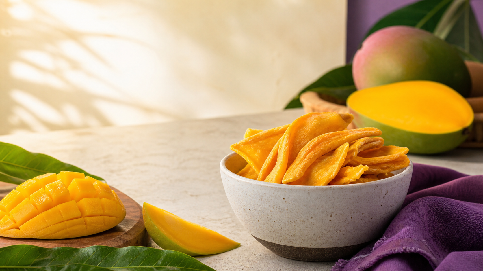 Tazón con mango deshidratado, mango fresco y hojas verdes sobre una mesa luminosa